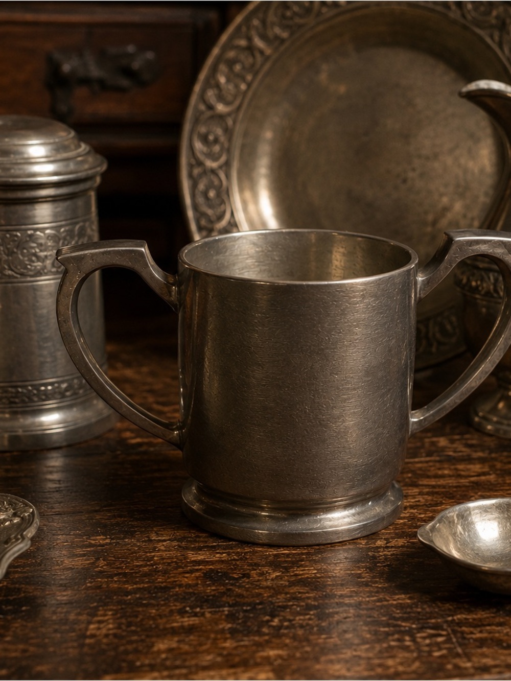 Vintage Silver Tone Creamer & Covered Sugar Bowl Set Mid Century Patina Decor